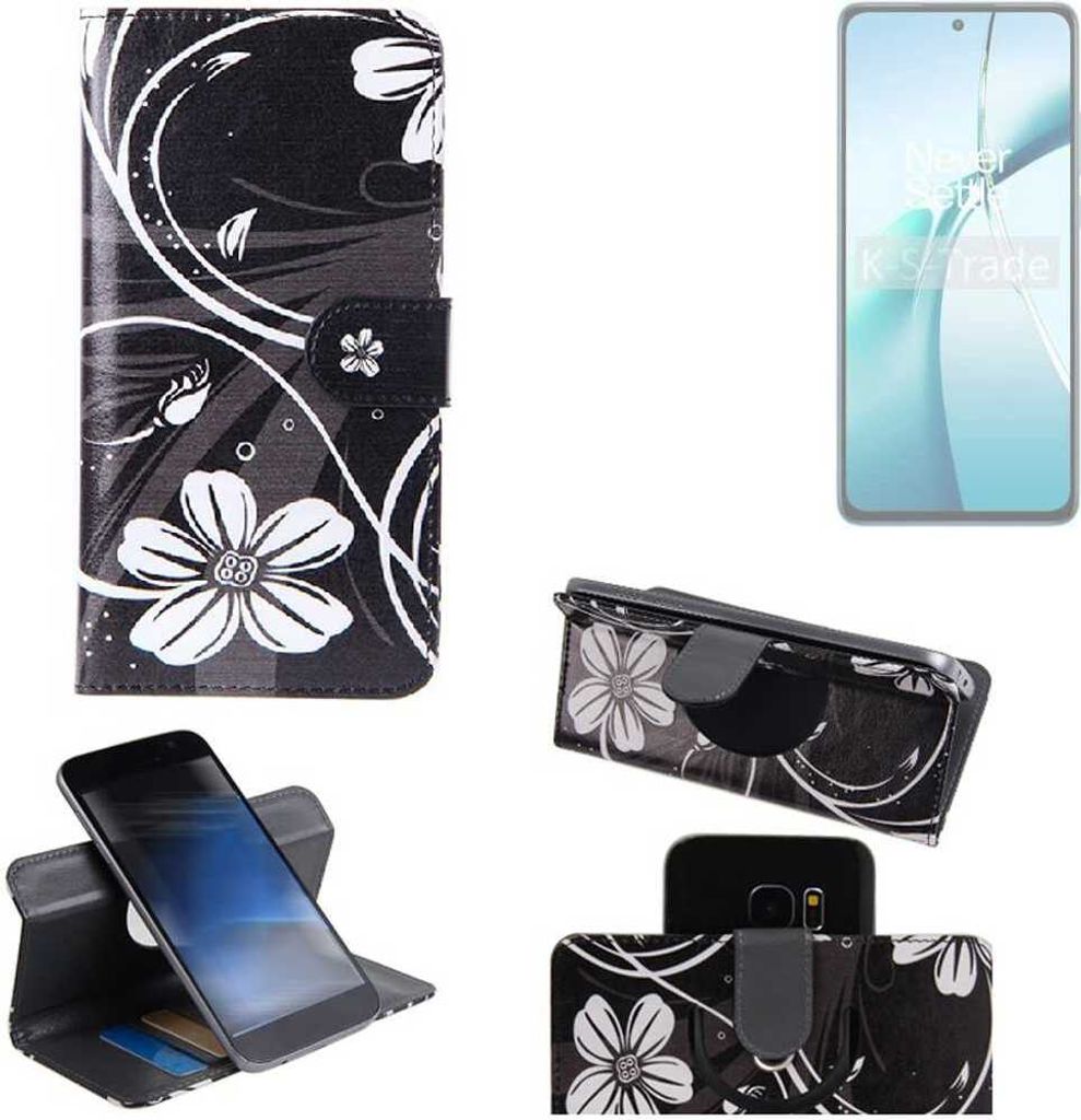 K-S-Trade Schutzhülle Handyhülle kompatibel mit OnePlus Nord CE4 Lite 5G Hülle 360° Wallet Case “Flowers“ Klapphülle Hülle schwarz-weiß 1x