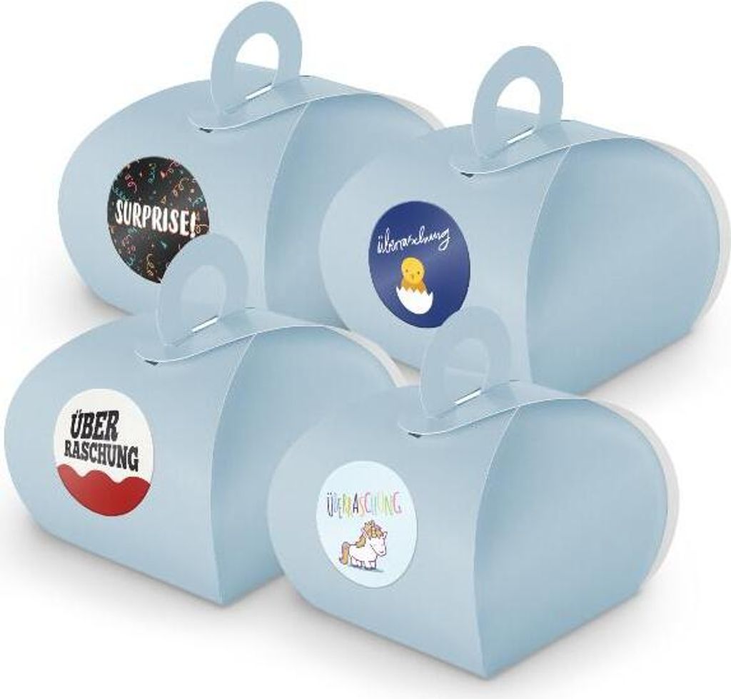 SET Überraschung (Motiv 45) 24x Geschenkschachtel mit Griff hellblau + Sticker