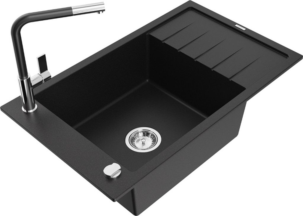 Mexen Elias 1 Becken-Granitspüle mit Abtropffläche und Mischbatterie Flora, Schwarz - 6511-77-670401-07