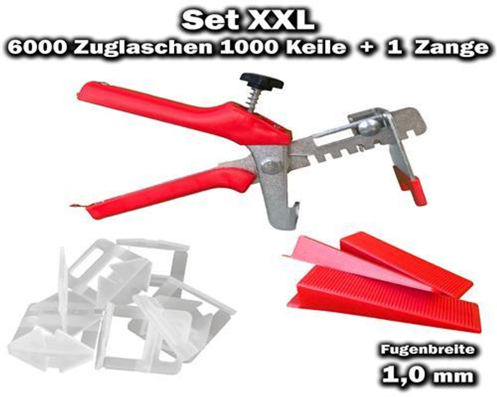 6000 Zuglaschen 1,0mm + 1000 Keile + 1 Zange - KACHEL GOTT Fliesen Nivelliersystem