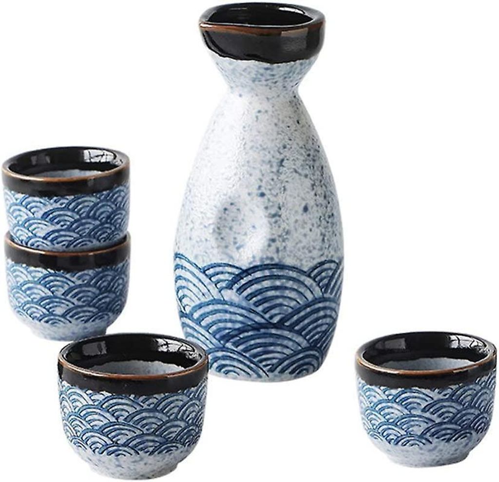 Japanisches Sake-Tassen-Set, 4-teilig (35 ml) Sake-Tassen + 1 Sake-Kanne (180 ml), Keramik-Weingläser