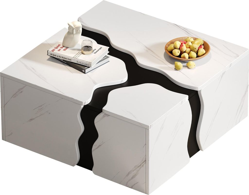 Wohnzimmer-Couchtisch, 70 x 70 x 31 cm, würfelförmiges geometrisches Design,Beistelltisch mit Schublade,Tisch mit Marmorfurnier in einzigartiger ...