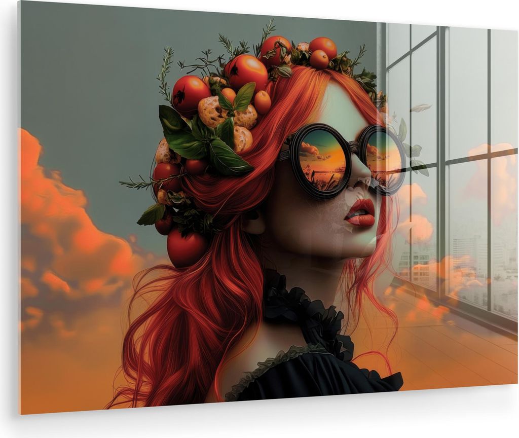 MuchoWow Glasbilder - Bilder auf Wandbild - Foto auf Glas Frau - Krone - Tomate - Bascilicum - Sonnenbrille 60x40 cm Wanddekoration aus Glas - Acry...
