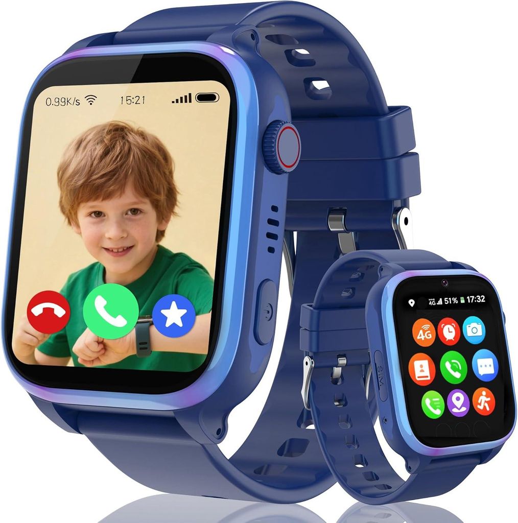 4G Smartwatch Kinder, IP68 Kinder Smartwatch mit GPS und Telefon, HD Videoanruf, SOS-Anruf, Schulmodus, Spiel, Wecker, SIM, Handy, Smart watch Wass...