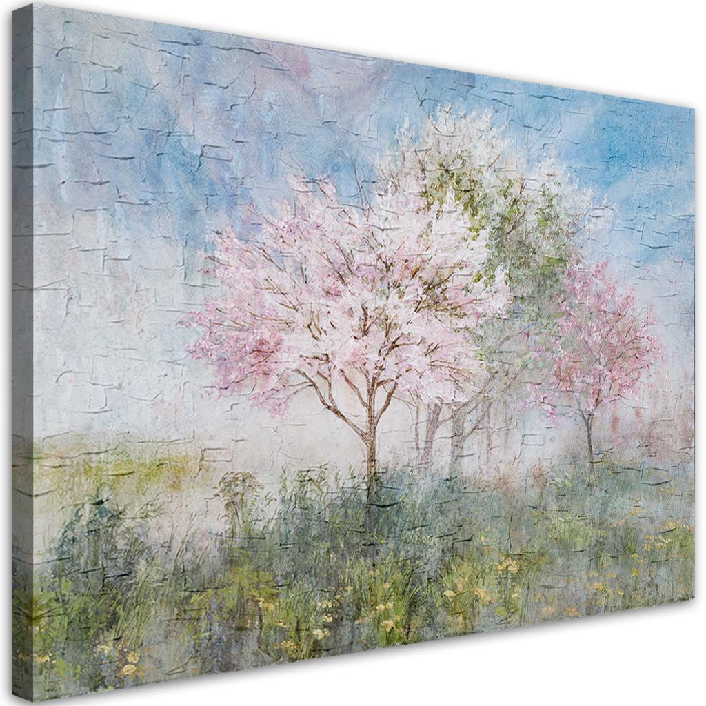 Leinwandbild blühender baum auf der wiese alt 90x60 cm Feeby farbe wandbild bereit zum aufhängen
