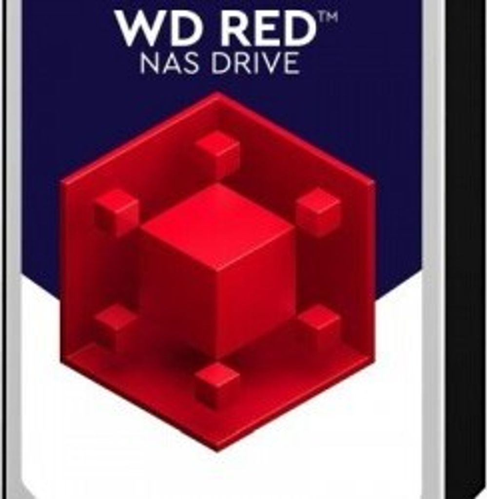A marketing image for a Western Digital RED PRO NAS DRIVE, featuring a stylized red cube graphic on a blue background.