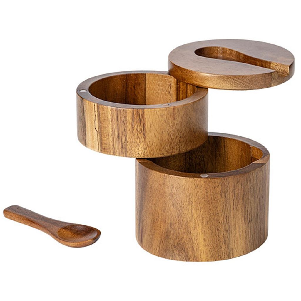 Akazienholz Gewürzbehälter 2-stöckig, Salzbehälter mit magnetischem Drehdeckel, Löffel, Küchen Gewürzdose, platzsparend, braun