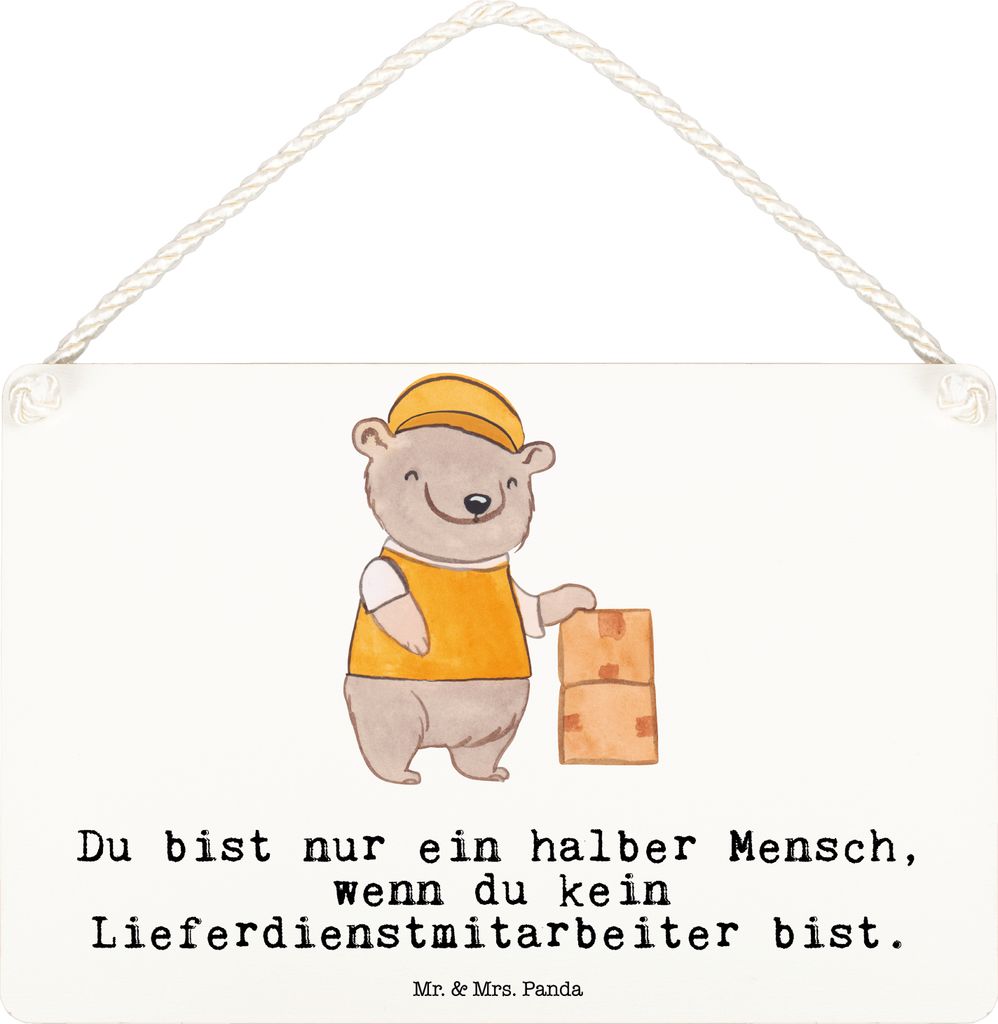 Mr. & Mrs. Panda Schild Lieferdienstmitarbeiter Herz DIN A6 - Weiß - Geschenk, Pizzabäcker, Türschild, Wandbild Holz, Pizzabote, Spruch, Holzsch...