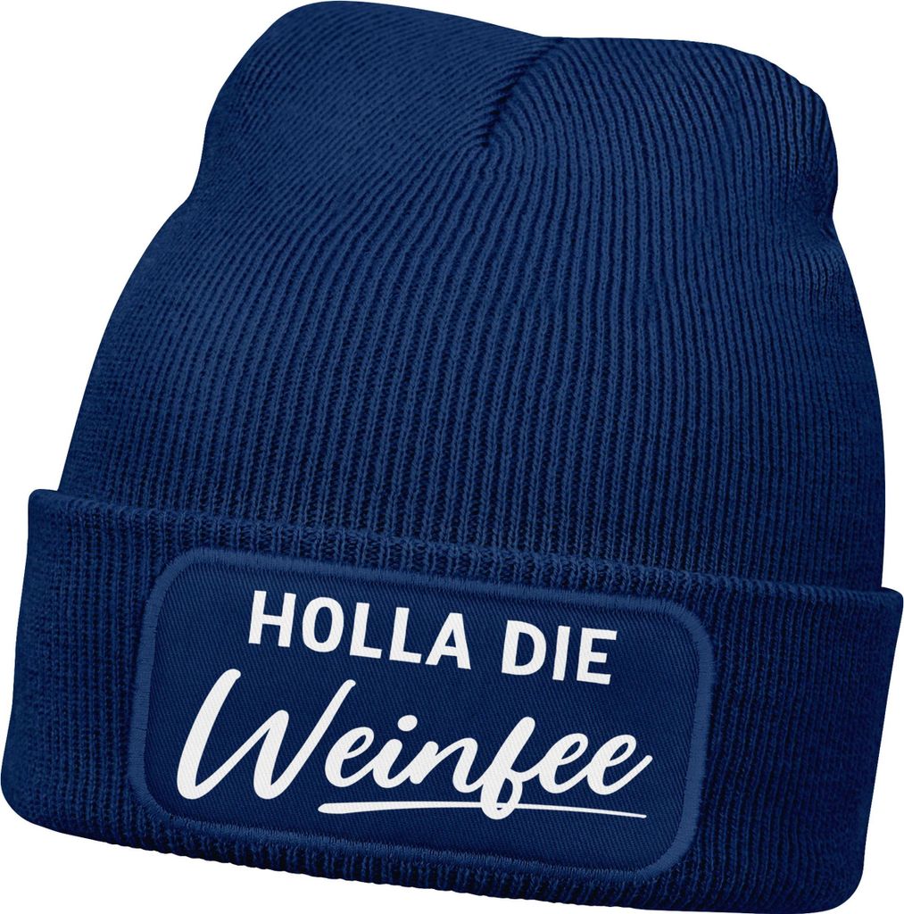 Damen Beanie mit Patch Strickmütze mit Spruch Holla die Weinfee Aufdruck Lustig Damenmütze Moonworks