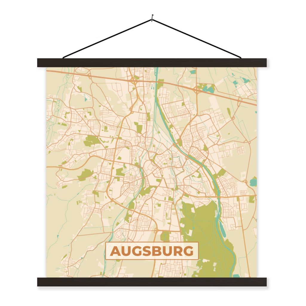 MuchoWow Textilposter Jahrgang - Augsburg - Karte - Stadtplan 120x120 cm mit schwarzem Rahmen - Aufhängungsset
