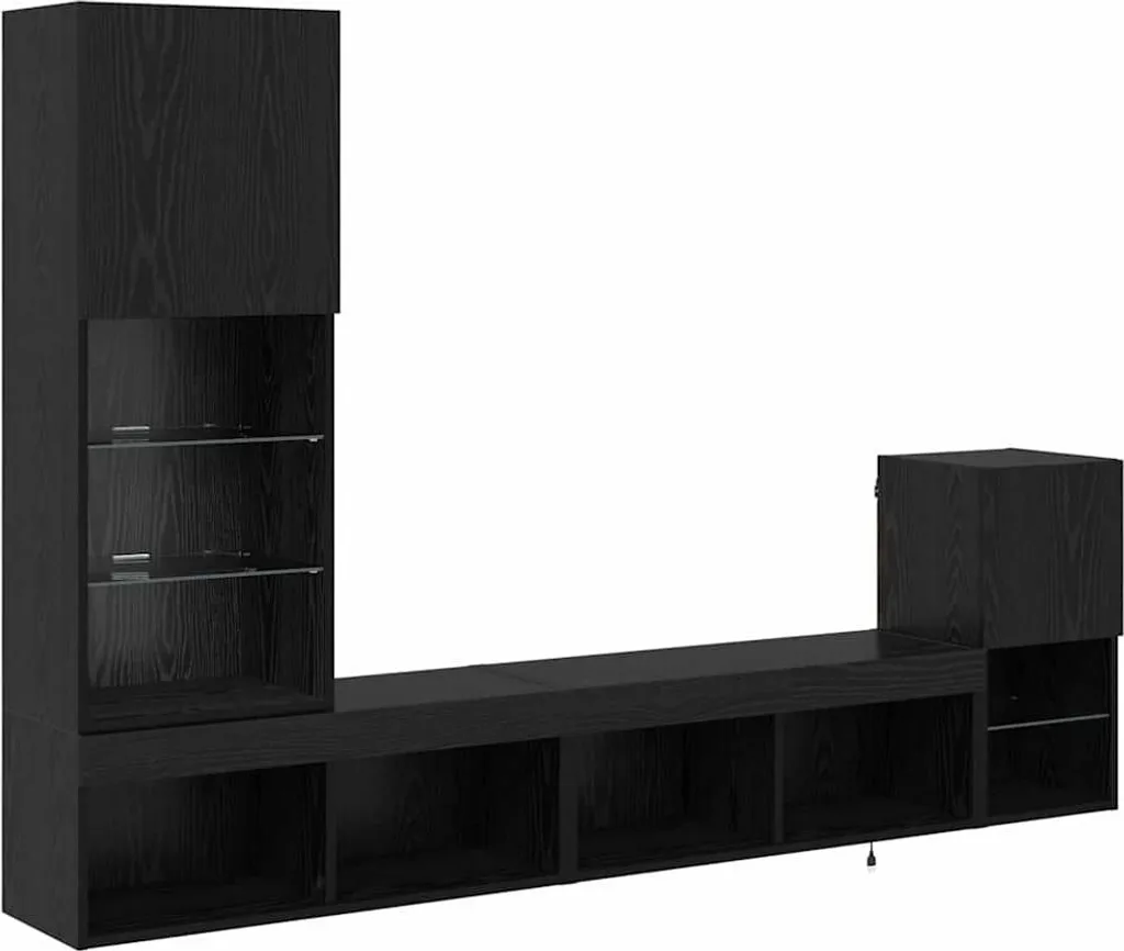 Meuble TV suspendu noir et bois de chêne pour salon contemporain