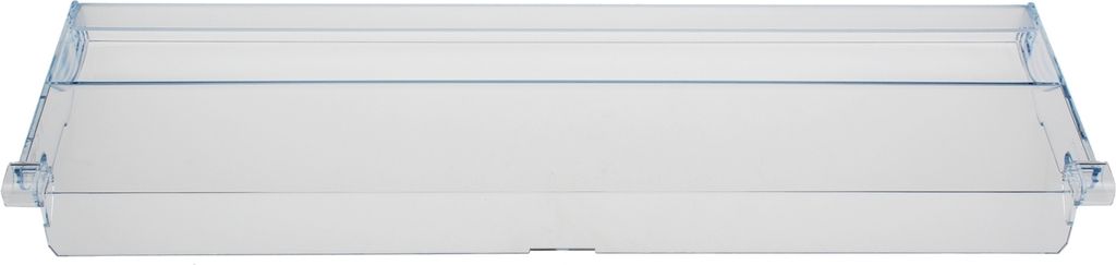 A clear studio shot of a transparent plastic shelf or drawer insert.
