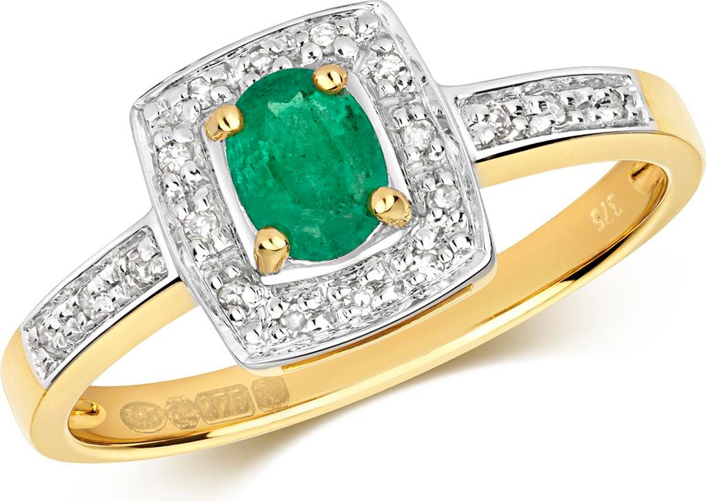 Stylischer 9 Karat (375) Gold Damen - Diamant Solitärring Brillant-Schliff 0.06 Karat H - PK mit Smaragd, 49 (15.6); TRS28868RSJ