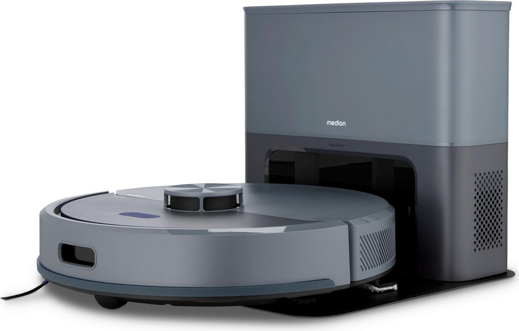 A robot vacuum cleaner with its charging and emptying station.