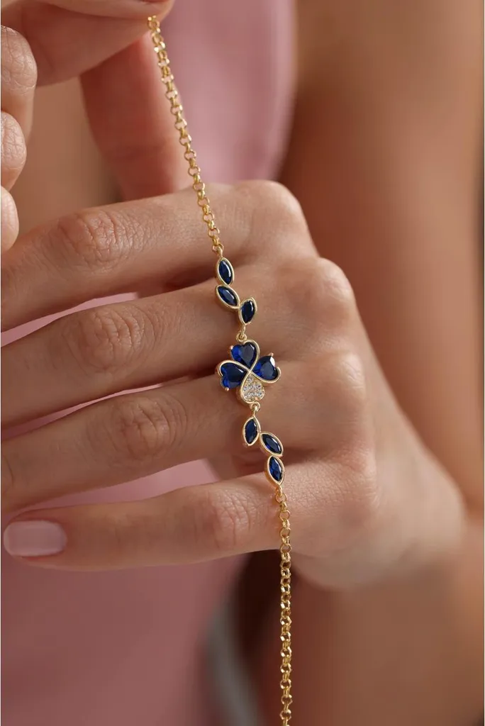 Bracelet trèfle anti-ternissement argent 925 doré et zircons bleus