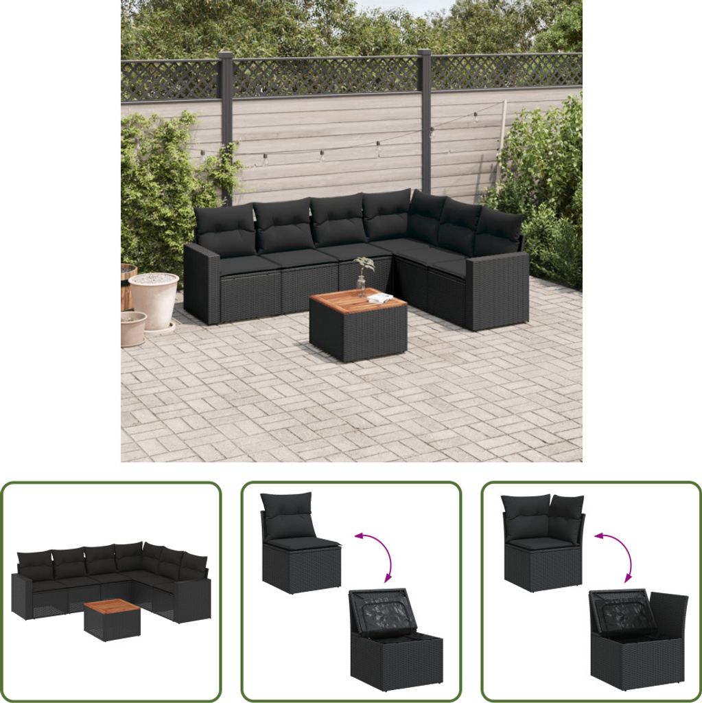 The Living Store 7-tlg. Garten-Sofagarnitur mit Kissen Schwarz Poly Rattan