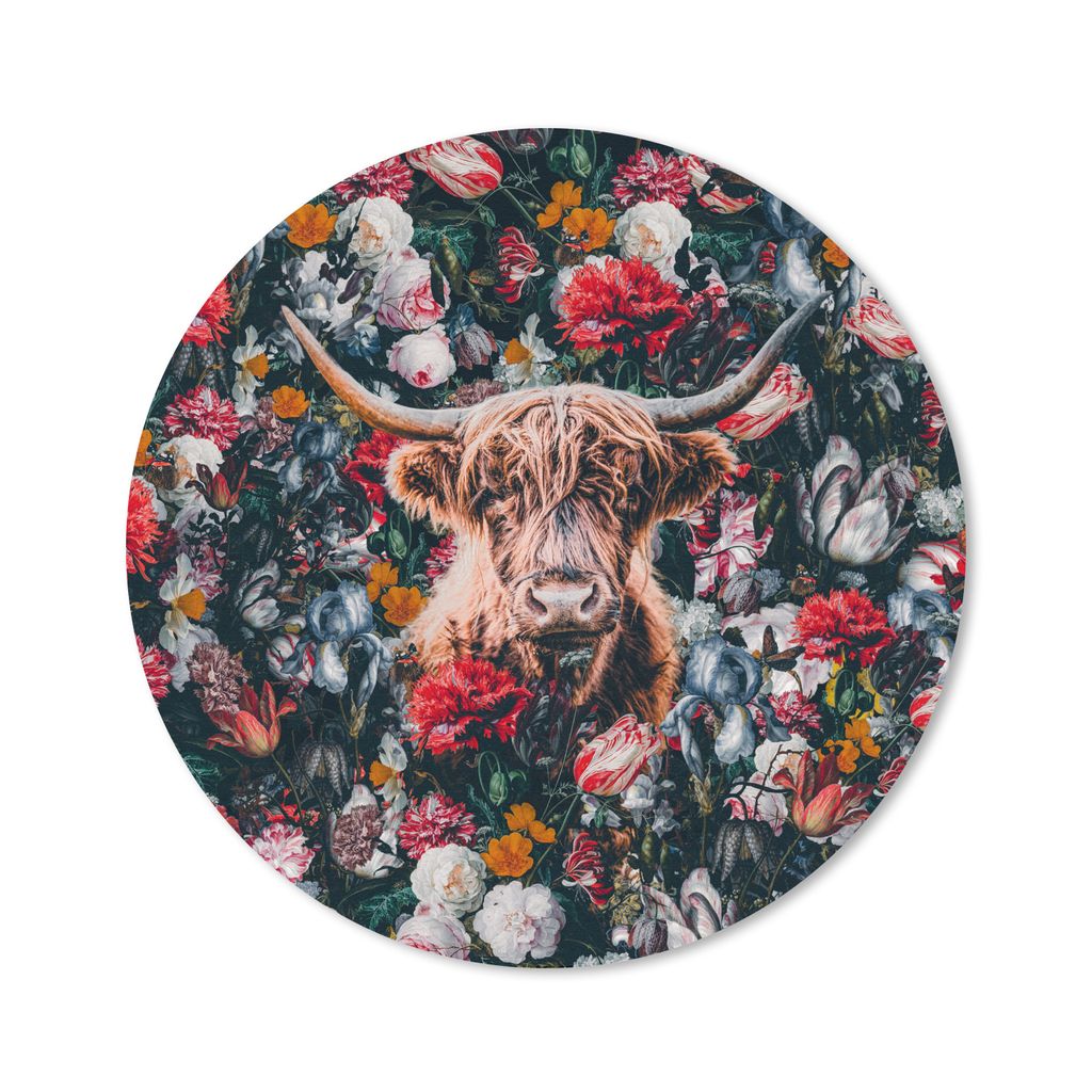 MuchoWow Mauspad Mousepad Schottischer Highlander - Blumen - Tiere - Hoorn 50x50 cm - Mousepads - Maus Mat - Pad - Mausunterlage - Vinyl