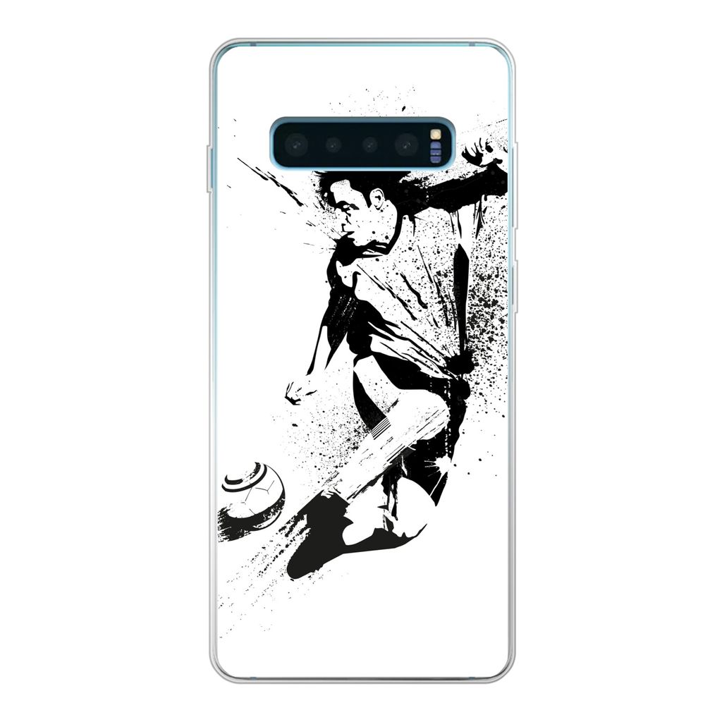 MuchoWow Handyhülle Schutzhülle Hülle für Samsung Galaxy S10 Plus Eine Illustration einer Person, die einen Fußball in Richtung Tor schießt...
