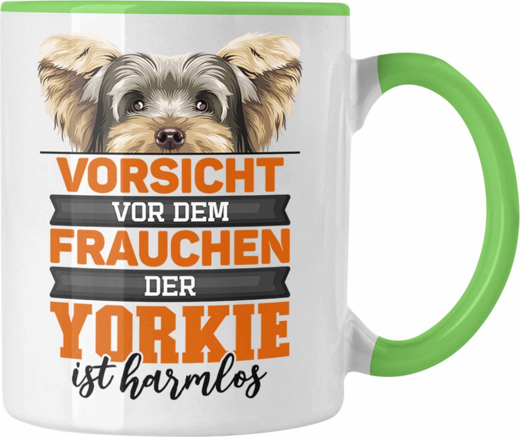 Trendation - Yorkie-Besitzer Geschenk Tasse Hund Kaffee-Becher Yorkie Liebhaber Geschenkidee Vorsicht Vor Dem Frauchen Der Yorkie Ist Harmlos (Grün)