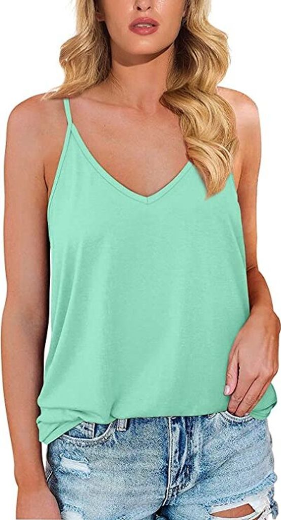 ASKSA Damen Bluse V-Ausschnitt Ärmellose Einfarbige T-Shirt Sommer Elegant Casual Loose Fit Tops Shirt, Grün, XXL