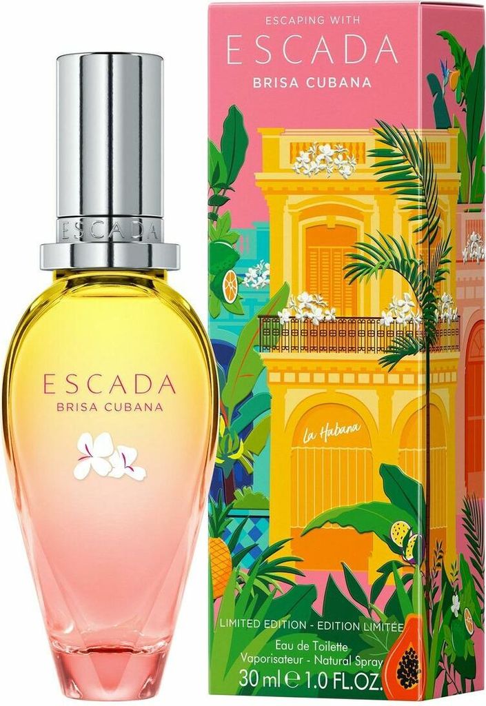 A bottle of Escada Brisa Cubana perfume and its packaging.