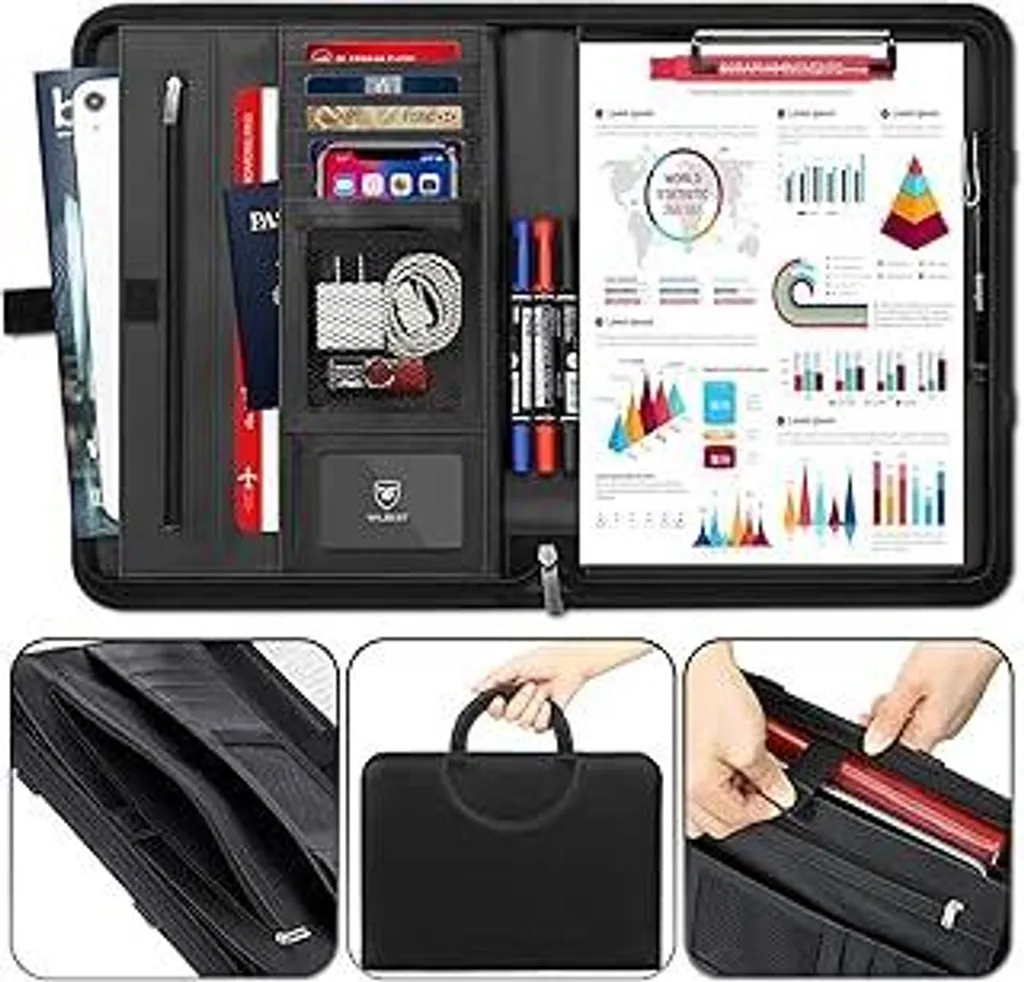Cartella portadocumenti wilbestA4, cartella multifunzionale in pelle, ampi scomparti per tablet, scomparto con cerniera, scomparto con blocco note, 4 scomparti per carte, maniglie magnetiche pieghevoli, cartella portadocumenti impermeabile