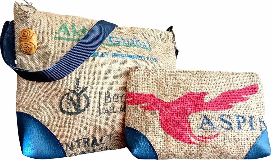 Van Der Elv-1 Umhängetasche + 1 Kulturtasche, Upcycling, Hamburger Kaffeesack, immer ein Unikat, Fair Trade, 100% Handarbeit, nachhaltig, vegan, u...