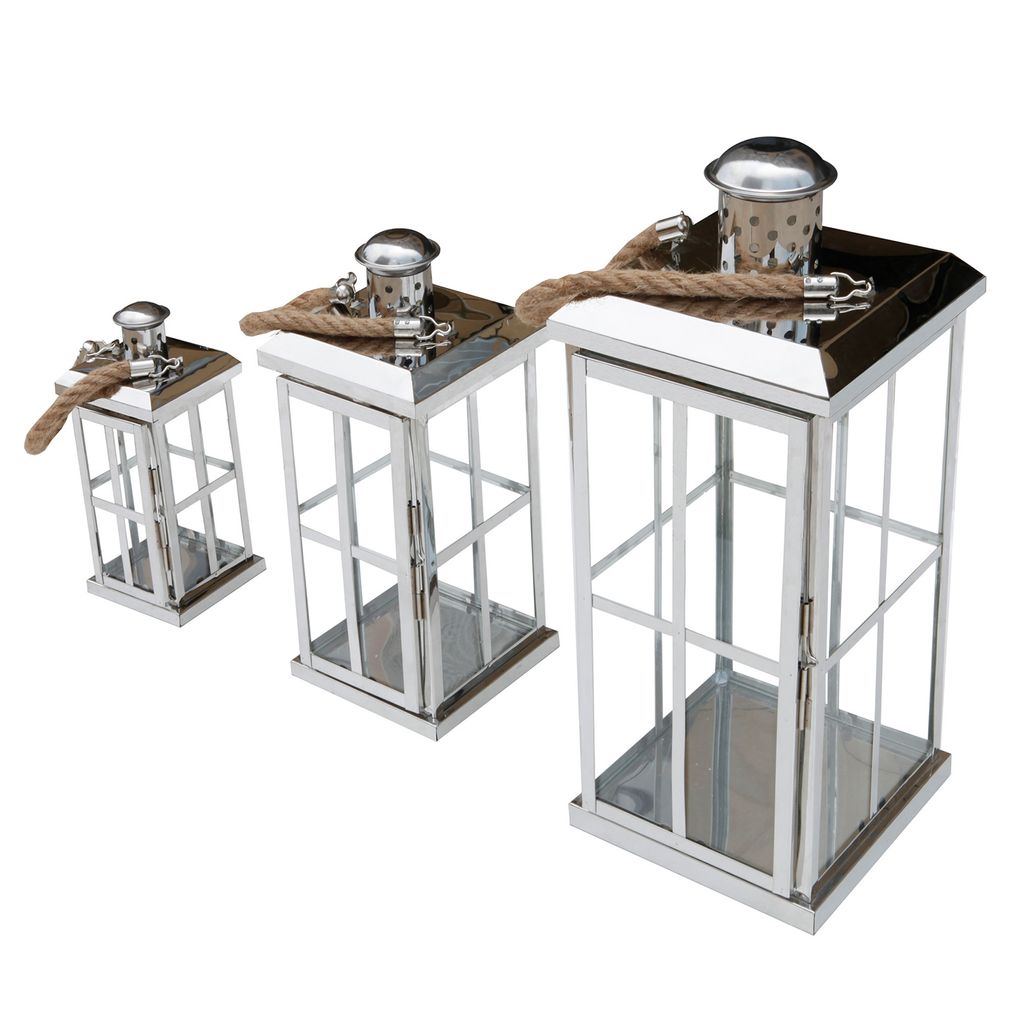 3 Stück Edelstahl Glas Laternen Windlicht Gartenlaterne mit Griff H27/39/52m