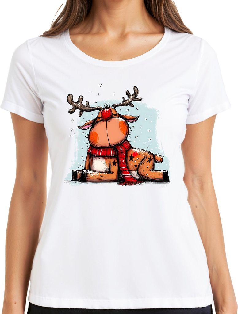 Rudolf Rentier Weihnachten rote Nase roter Schal Geschenk Damen T-Shirt, Weiß, XXL