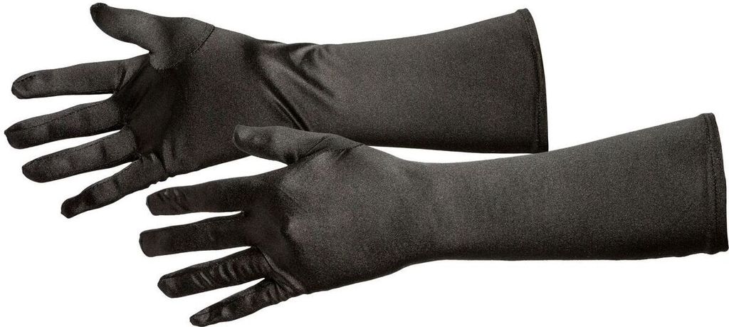 Ein Paar lange schwarze Damenhandschuhe in glänzender Satin-Optik, überlappend auf einem weißen Hintergrund dargestellt.