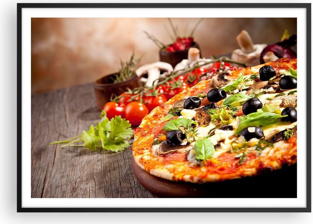 Gerahmtes Poster - Schwarzer Rahmen - Pizza Essen Italien Tradition - 100x70 cm - Wand Bild - Wanddeko - Wandbilder - Wandposter - Bilderrahmen - B...