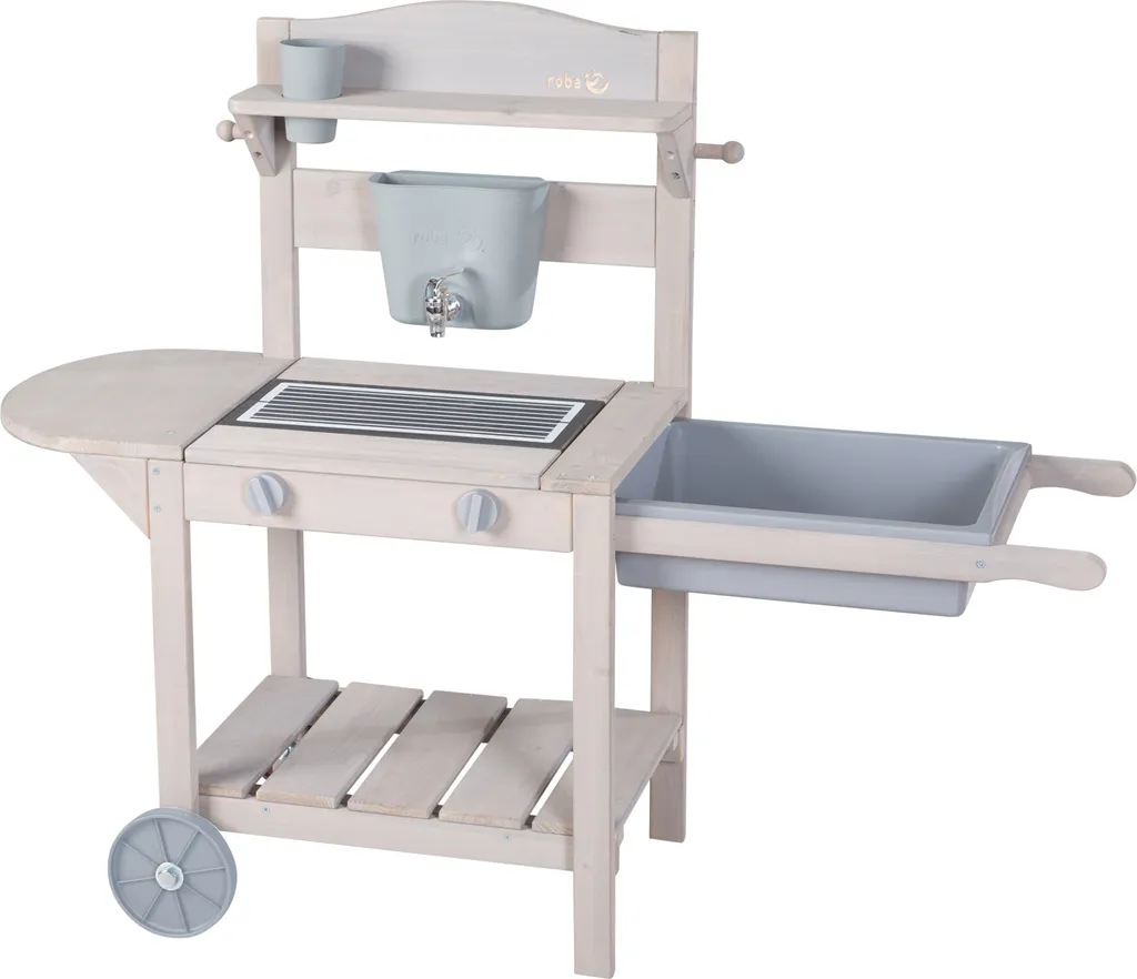 Cuisine BBQ mobile roba pour enfants en bois gris avec bac de jeu