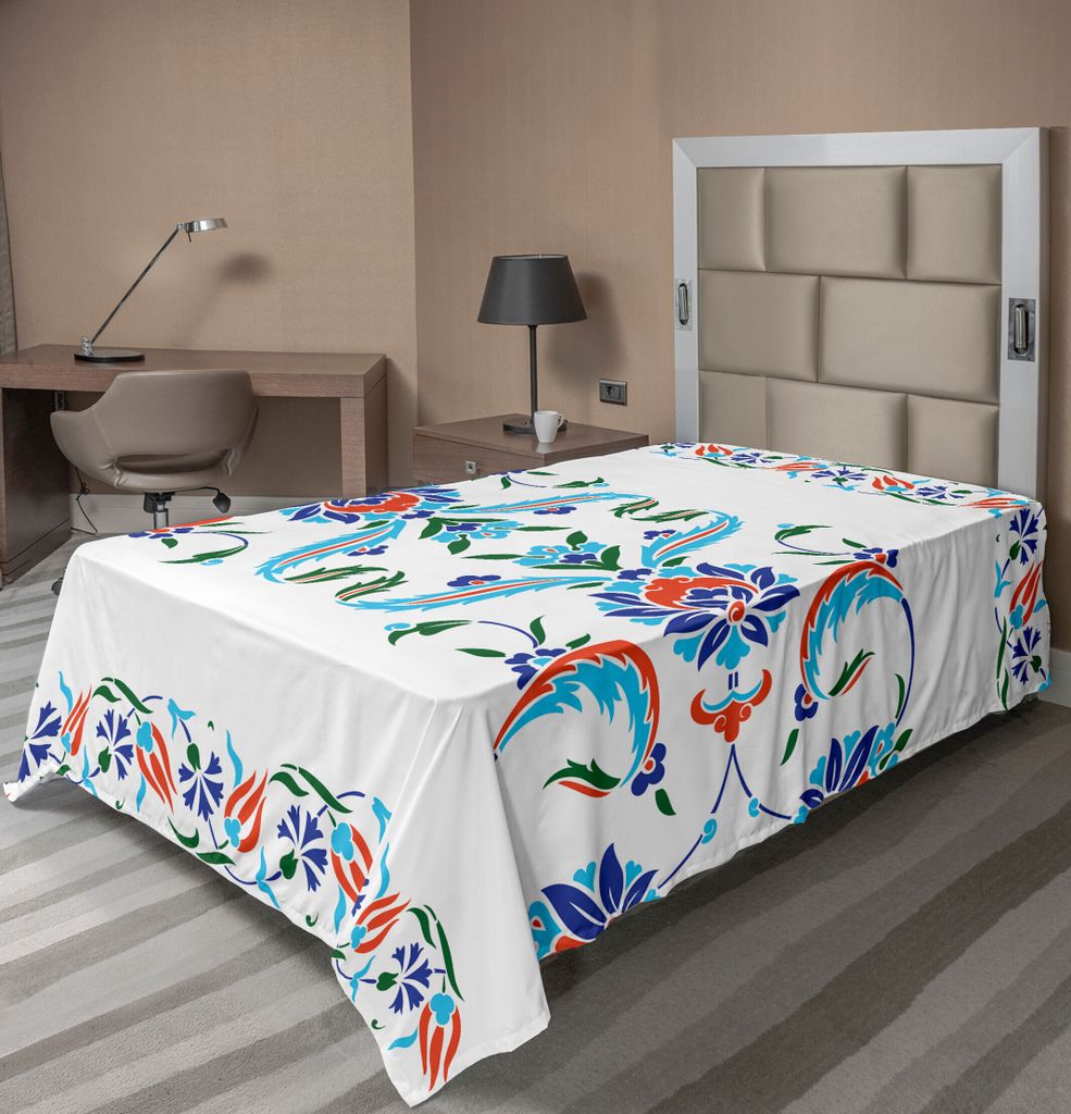 ABAKUHAUS Ethnisch Bettlaken, Alte türkische keramische Art mit Tulpe-Weinlese-Osmane-Erbe-ethnischem Bild-Druck, weiches bequemes oberes Bettlake...