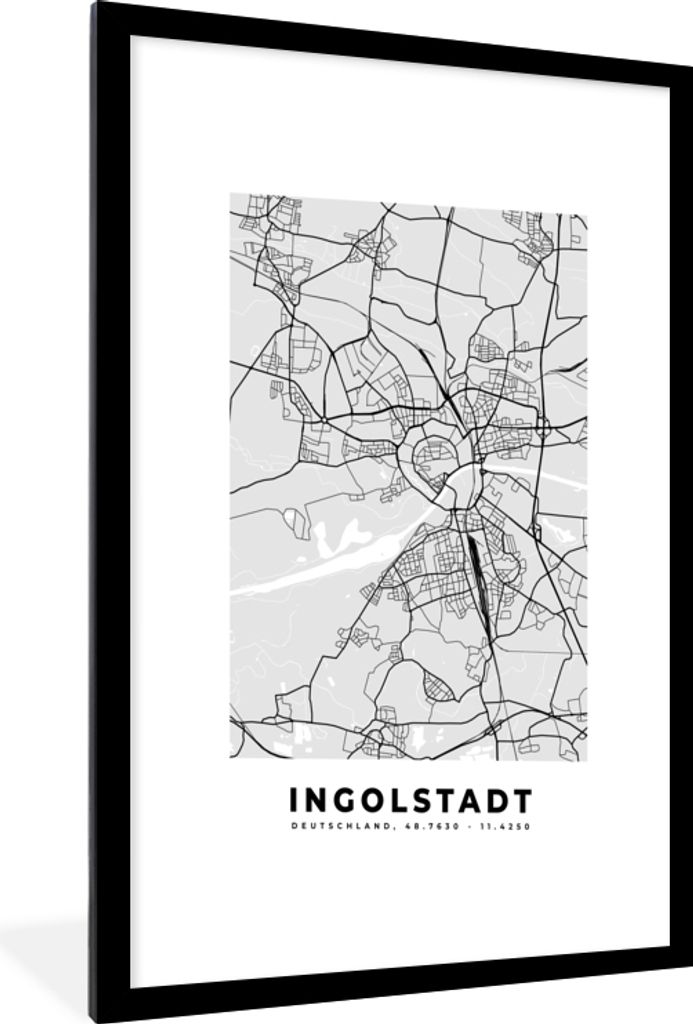 MuchoWow Gerahmtes Poster Karte - Ingolstadt - Deutschland - Stadtplan - Karte 60x90 cm - Poster mit Schwarzem Bilderrahmen Wandposter Rahmen Fot...
