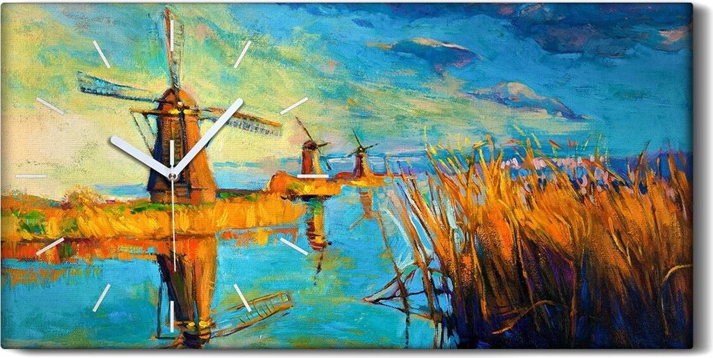 Leinwand Wanduhr Wandkunst Uhr 60x30 Malerei Mühlen Wasser Himmel Natur Kunst - weiße Hände