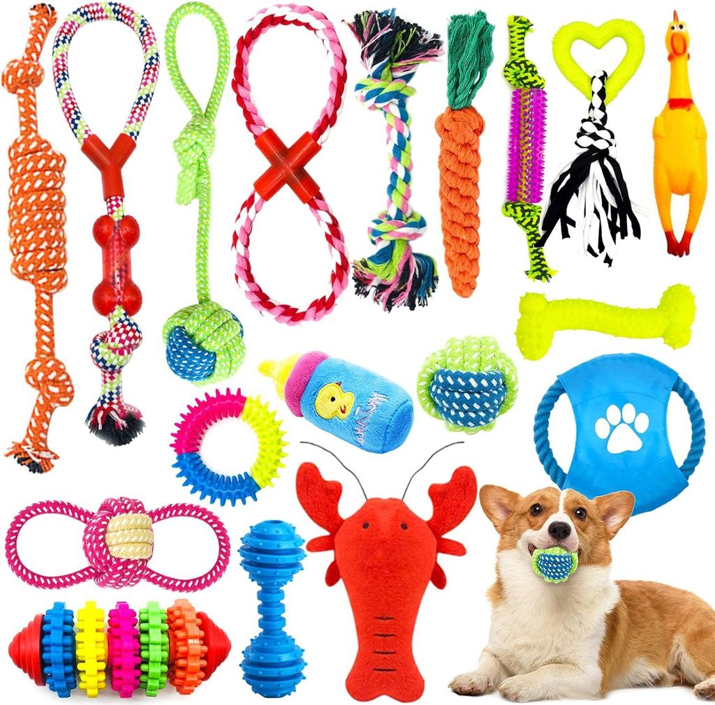 18 Stück Natürliches Baumwoll-Hundespielzeug - Welpen-Spielzeug zum Kauen - Langlebiges und Robustes Zahntrainingsset - Geeignet für Kleine und ...