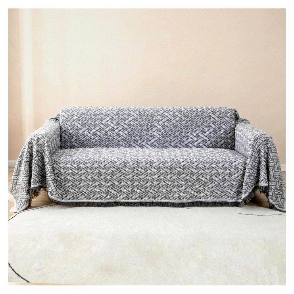 Sofaüberwurf aus Baumwolle | Waffle Jacquard Webart | Decke als Couchbezug mit Fransen | Für Ecksofa, 2-Sitzer & als kuschelige Wohndecke, 180x23...