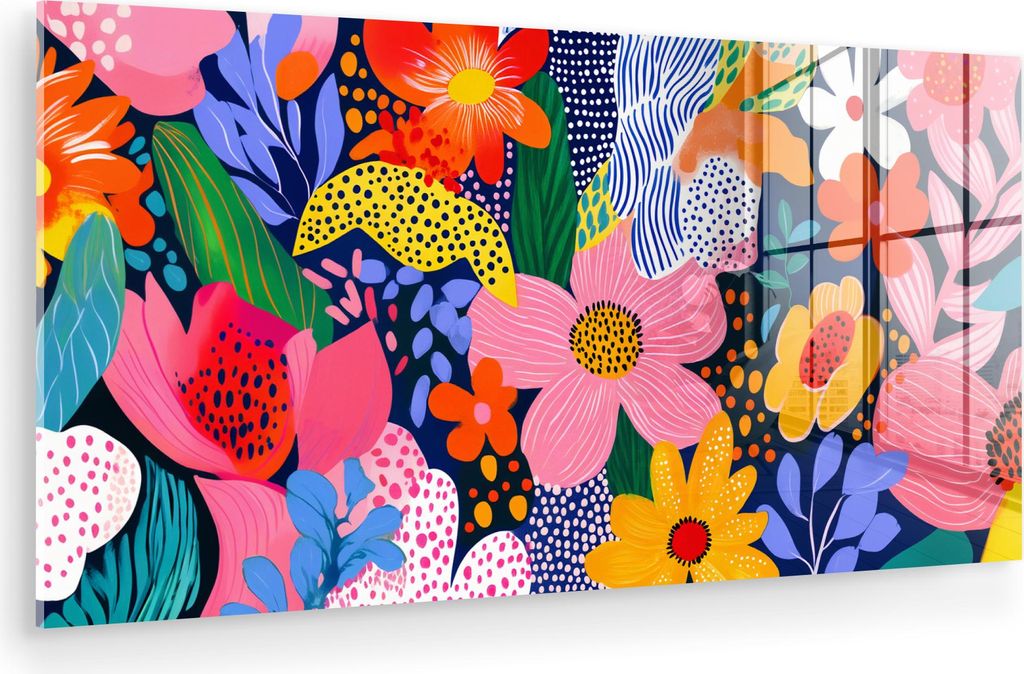 MuchoWow Glasbilder - Bilder auf Wandbild - Foto auf Glas Bunt - Blumen - Abstrakt - Punkte 80x40 cm Wanddekoration aus Glas - Acrylglasbild - Acry...