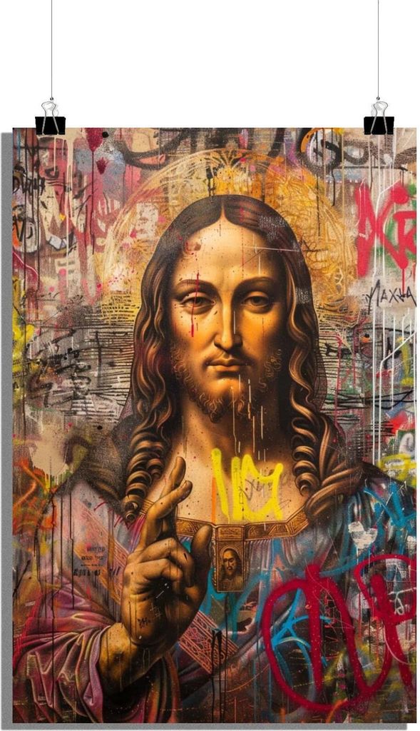 Salvator Mundi Poster - Graffiti Poster - Leonardo da Vinci Poster - Neuinterpretierte Kunst Poster - 51x71cm - Perfekt zum Einrahmen