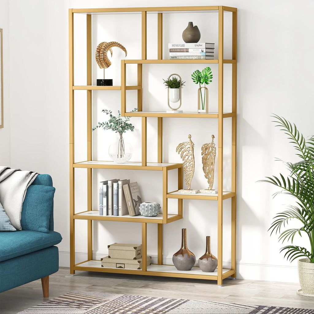 Bücherregal - Etagere Standregal - 5 Ebenen - 100×30×180 cm - Metallrahmen aus Eisen - Holzwerkstoffböden - Offene Fächer - Weiß und Gold