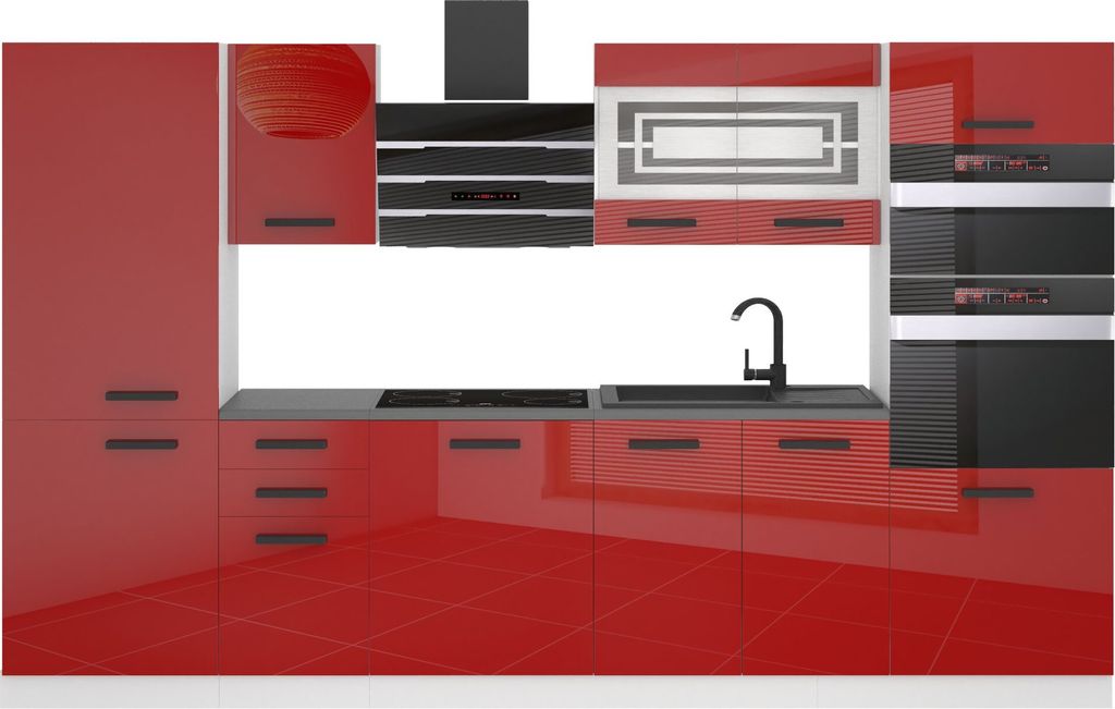 Belini Küchenzeile Küchenblock Mila - Küchenmöbel 300 cm Einbauküche Vollausstattung ohne Elektrogeräten mit Hängeschränke und Unterschrän...