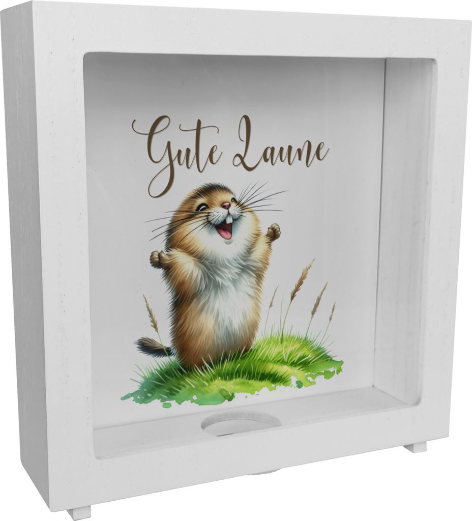 jubelnder Lemming Rahmen Spardose aus Holz mit Spruch Gute Laune