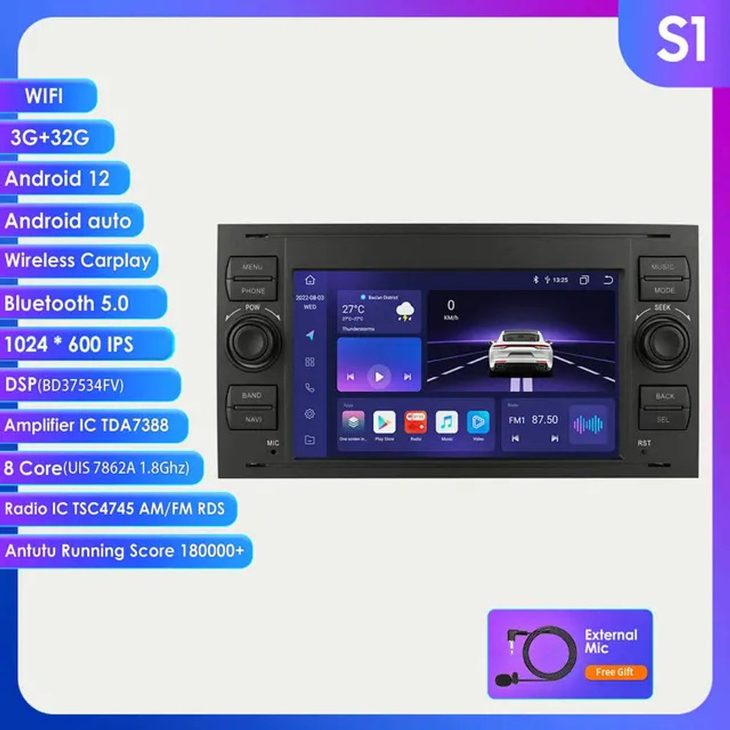 Autoradio Multimedia, Ford Focus 2 Mondeo S-max C MAX Galaxy Fiesta Kuga Transit Fusion Connect, Autoradio Carplay GPS, S1 B
