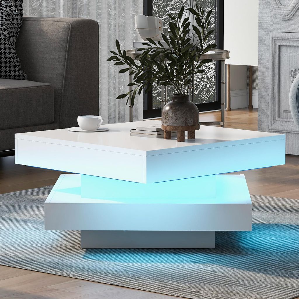 MODFU Couchtisch Weiß Wohnzimmertisch mit 16 LED-Licht und 360° drehbarer Tischplatte,Hochglanz-Beistelltisch,Quadratischer Sofatisch, 70x70x36 cm
