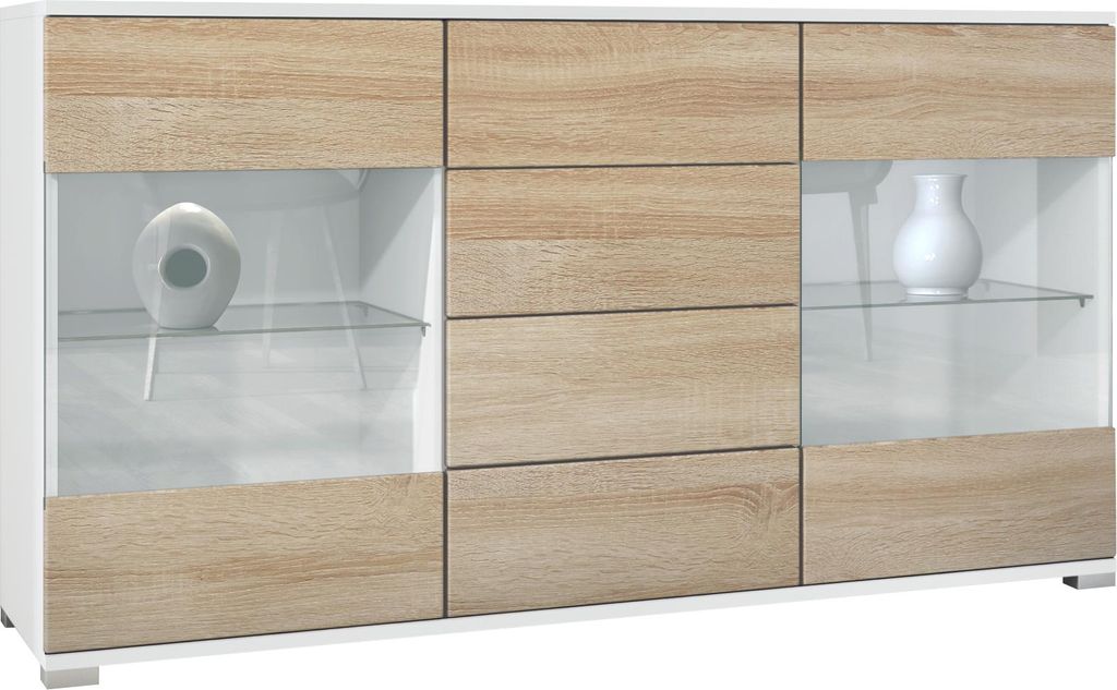 Vladon Sideboard Bari V1, Kommode mit 2 großen Türen und 4 Schubladen, Weiß matt/Eiche sägerau (138,5 x 75,5 x 35)