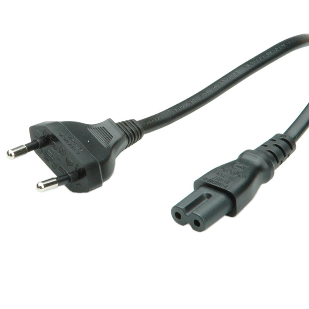 A black power cord with a European plug on one end and a C7 connector on the other, shown against a white background.