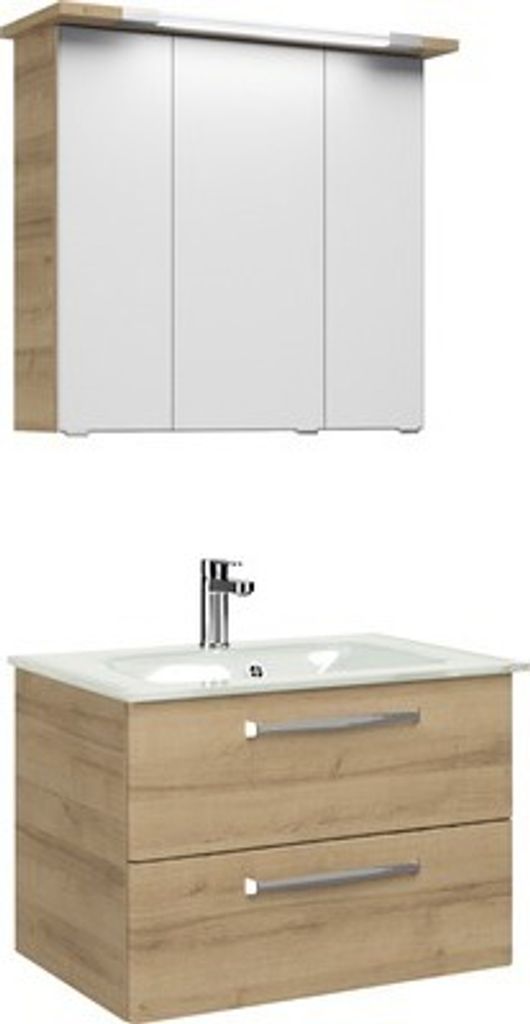 Badmöbel-Set Pelipal Kumba BxHxT 77 x 200 x 50 cm Frontfarbe riviera eiche mit Glas-Waschtisch weiß 99.77032547