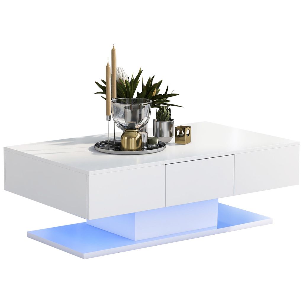 Couchtisch Hochglanz-Couchtisch Sofa-Beistelltisch mit LED-Beleuchtung 2 Schubladen Breite 100cm, Kaffetisch für kleine Raume Wohnzimmer Schlafzimmer