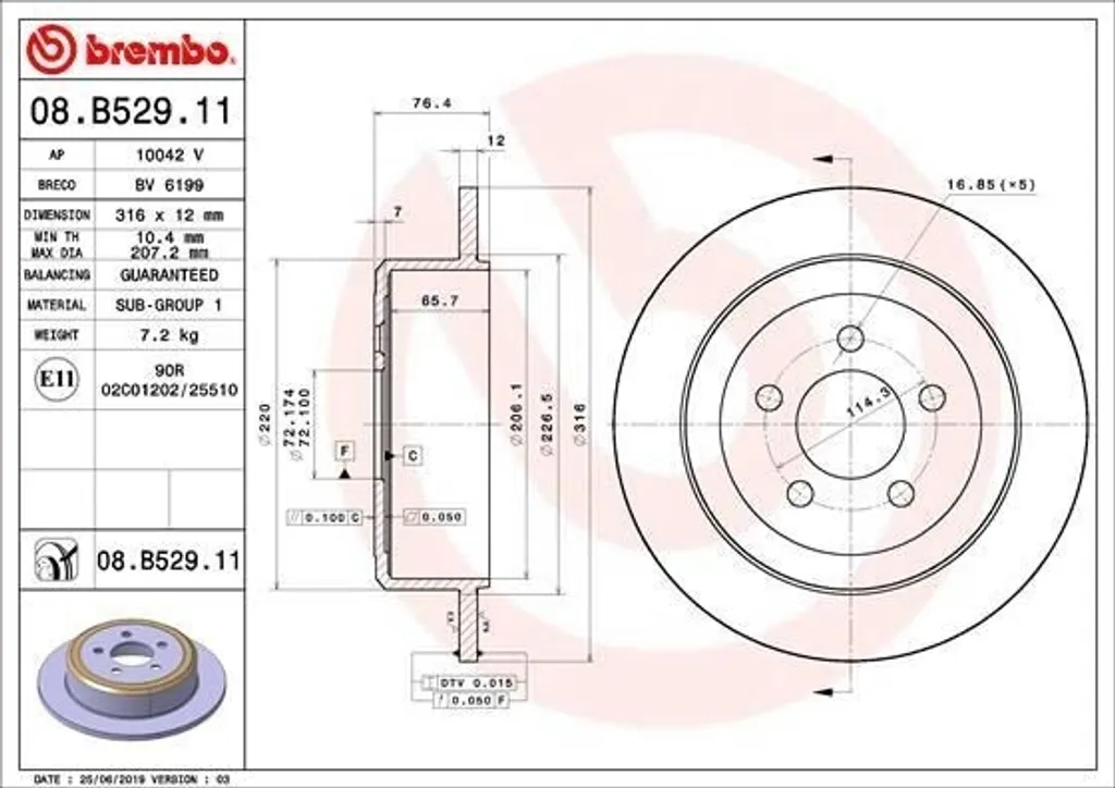 Disque de frein BREMBO 08.B529.11 pour Jeep Cherokee KK 52129250AA
