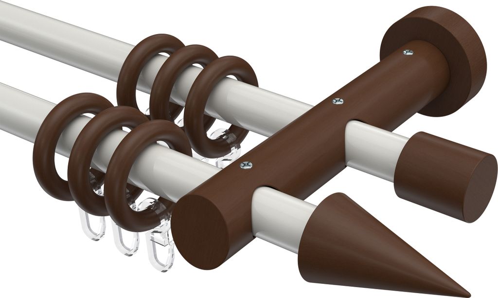 Interdeco Gardinenstange / Vorhangstange Weiß / Nussbaum lackiert, Typ Talena Siveo (Kegel), 20 mm Ø 2-läufig, 320 cm